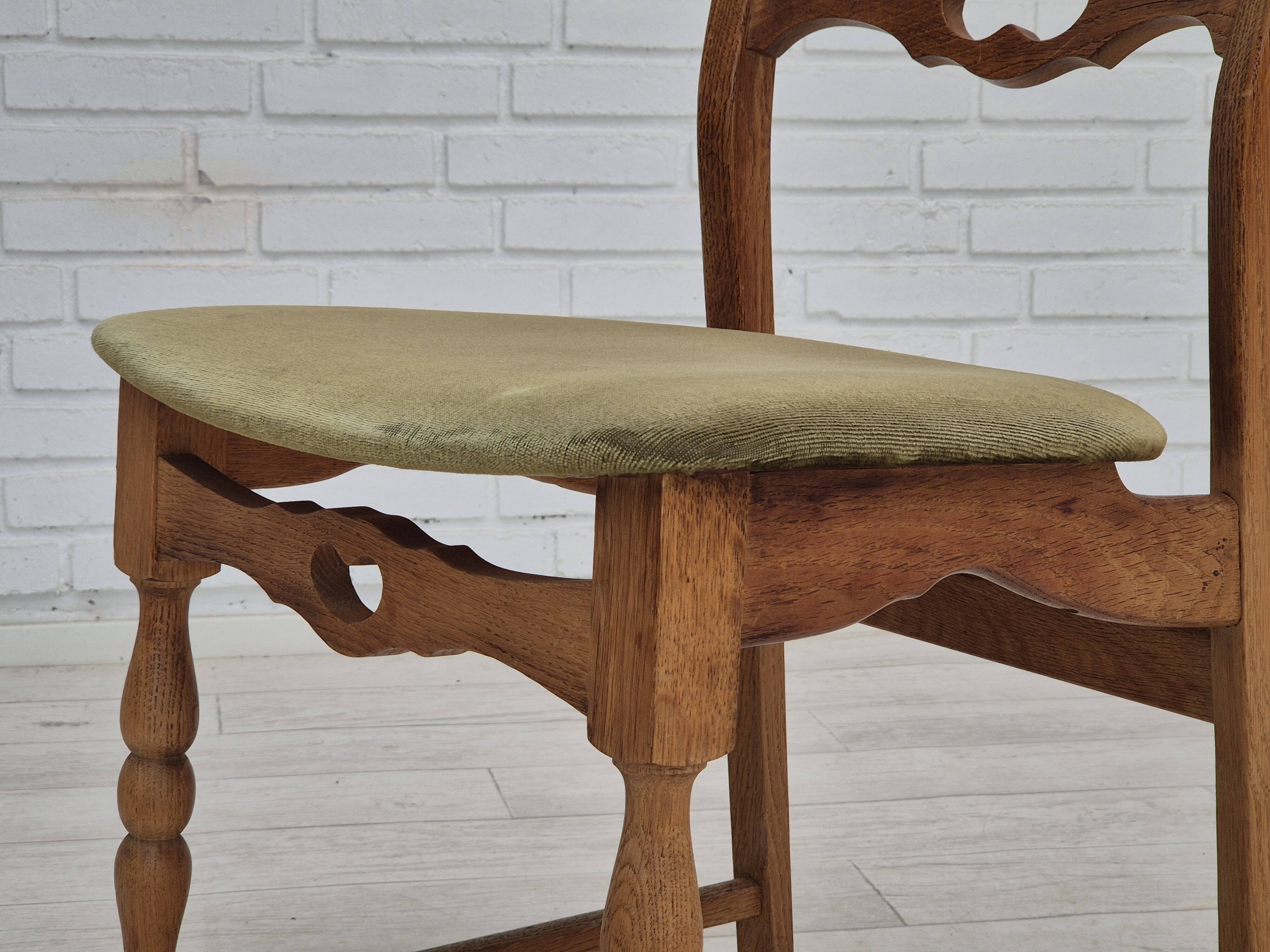 1970s, set of 4 Danish dining chairs, original condition, oak wood, furniture velour.