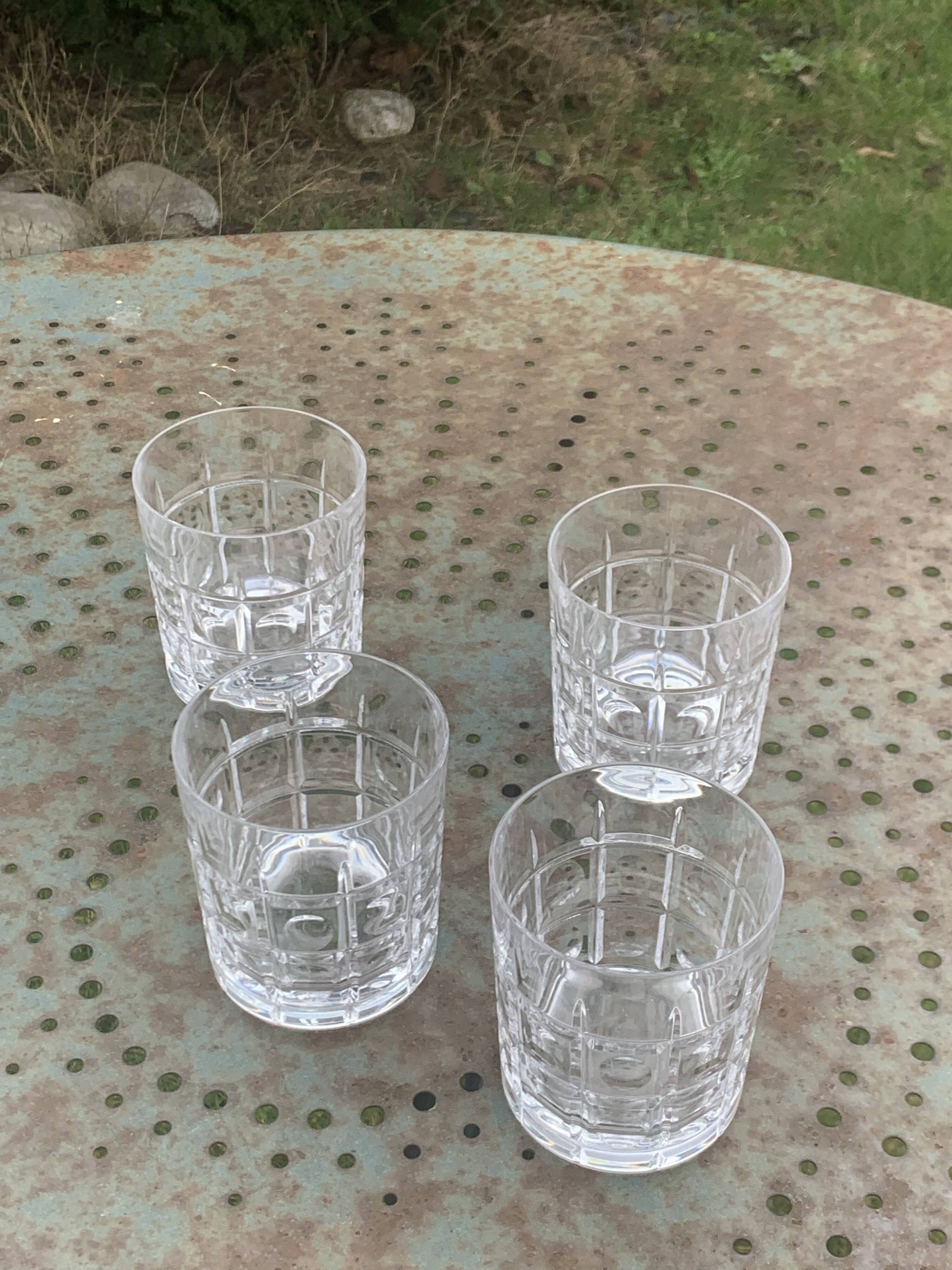 5 whisky glasses, Cristal Bayel stamps, transparent crystal with patterns