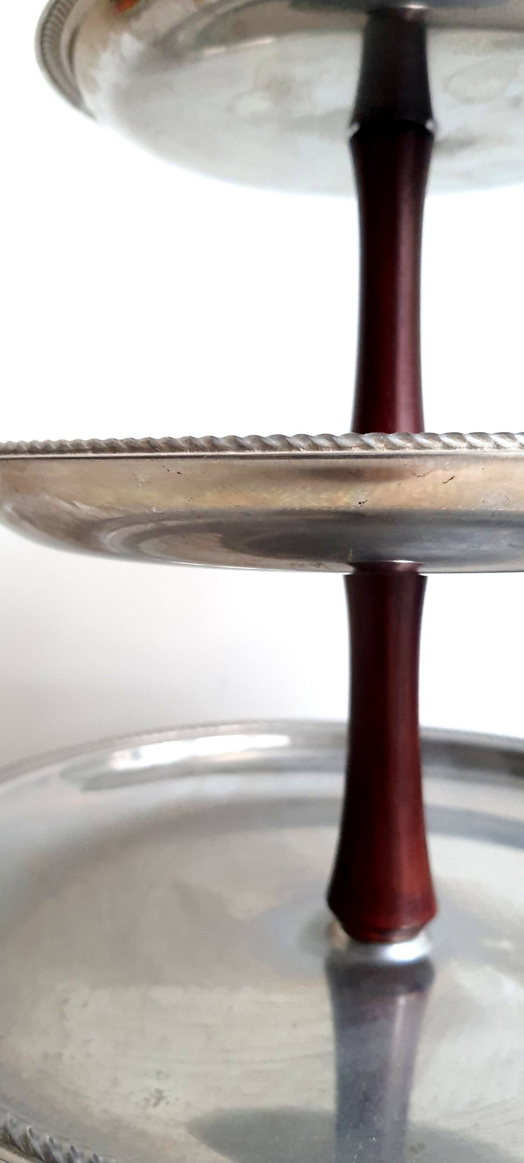 3-tier rotating dessert tray by Alessi Fratelli mod. Alfra Stainless Steel and Rosewood 1970