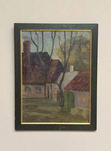Swedish Oil on Canvas "Village House" by Unknown Artist Vintage & Framed 35x45cm