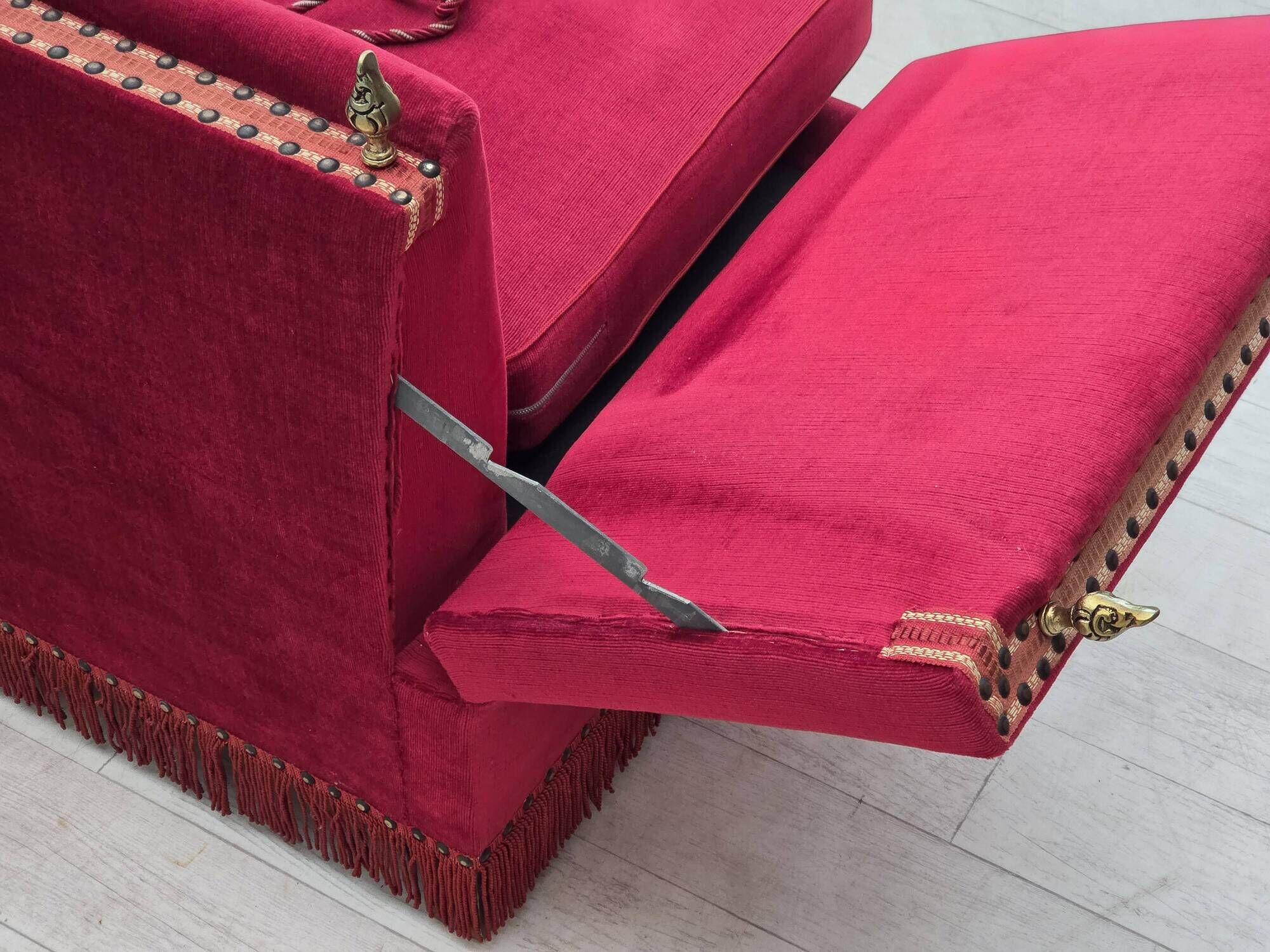 1970s, Danish 2-seater "Spanish" drop arm sofa, furniture velour.