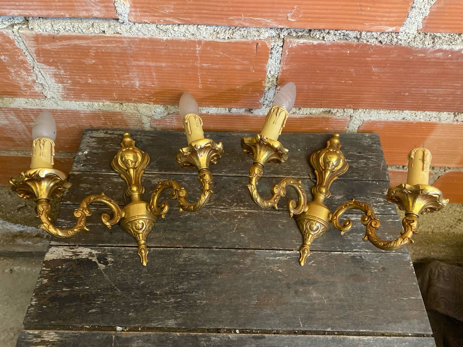 Pair of Double Wall Lights in Antique Louis XV Style, Gilded Bronze Vintage #D67