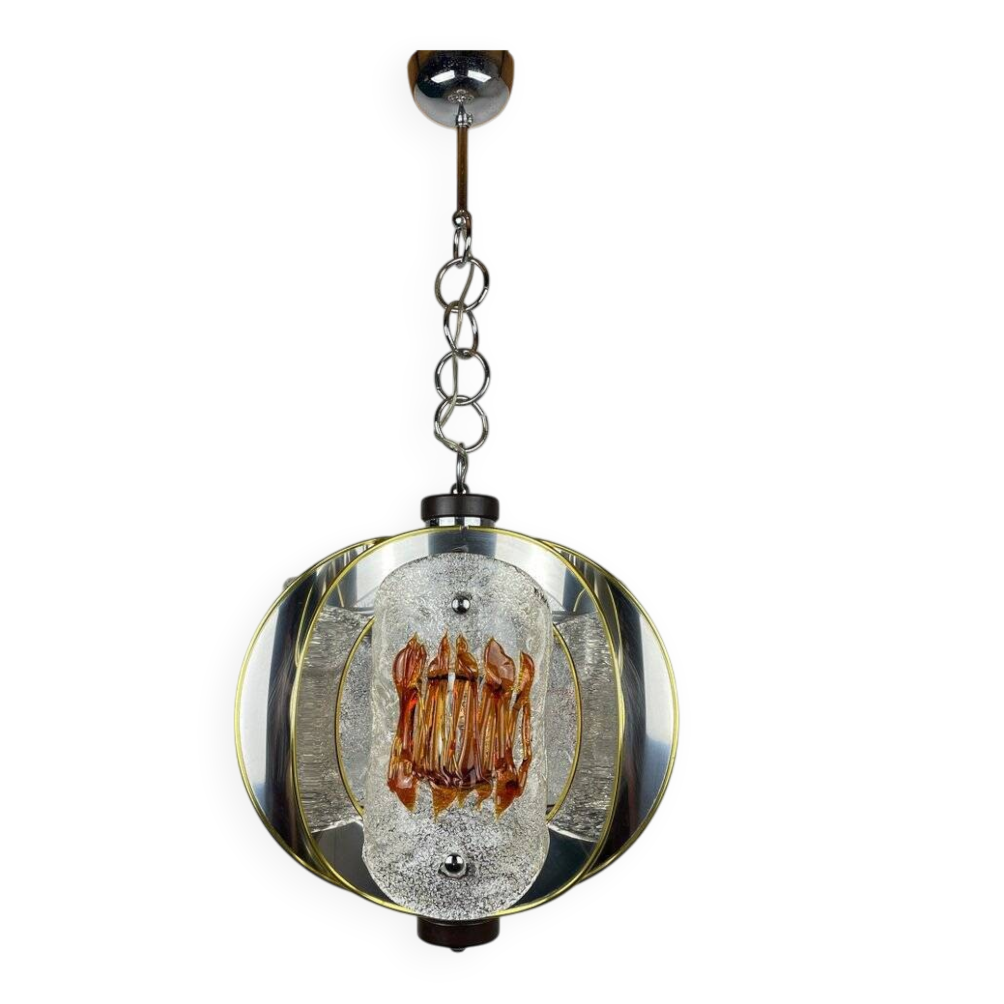 Amber mid-century chrome chandelier by Toni Zuccheri for Veart, Italy, 1970s.