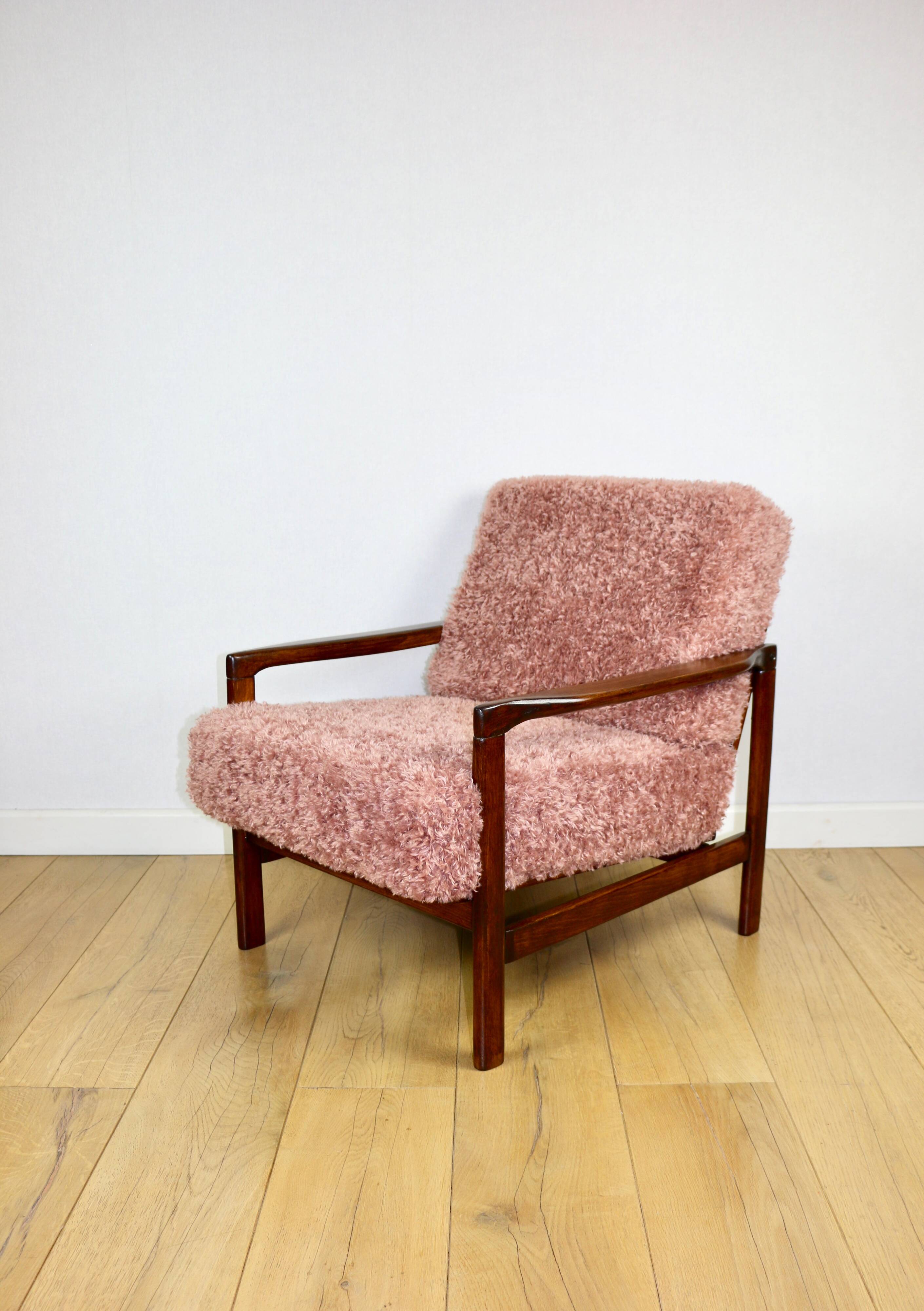 Wooden vintage brown armchair pink long hair proj. Z. Bączyk - 2 pieces available