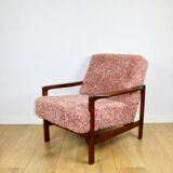 Wooden vintage brown armchair pink long hair proj. Z. Bączyk - 2 pieces available