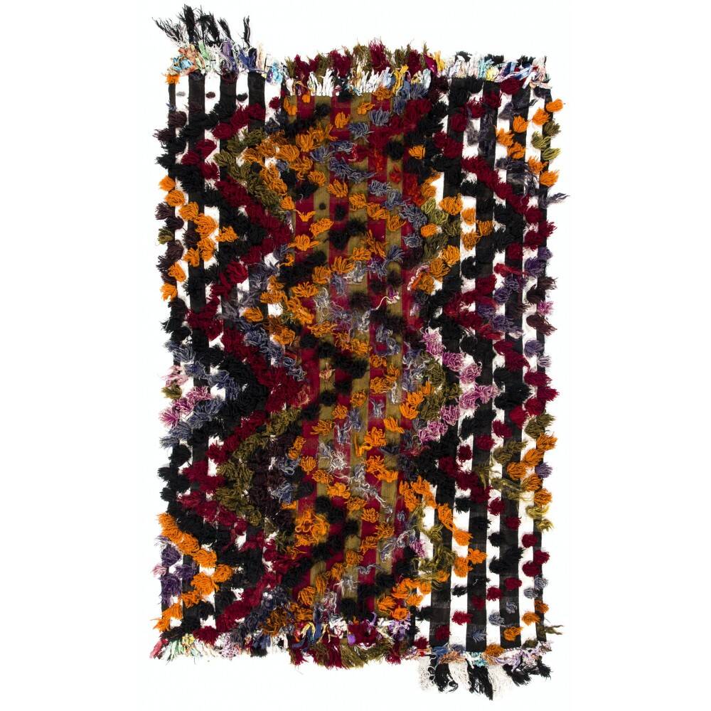Vintage Turkish Kilim Rug with Wool Pom Poms, Floor Cover and Wall Hanging