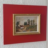 Framed oil on panel of an old countryside landscape.