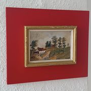 Framed oil on panel of an old countryside landscape.