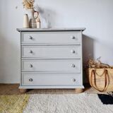 Antique chest of drawers with 4 drawers – Patinated pearl grey & ball feet