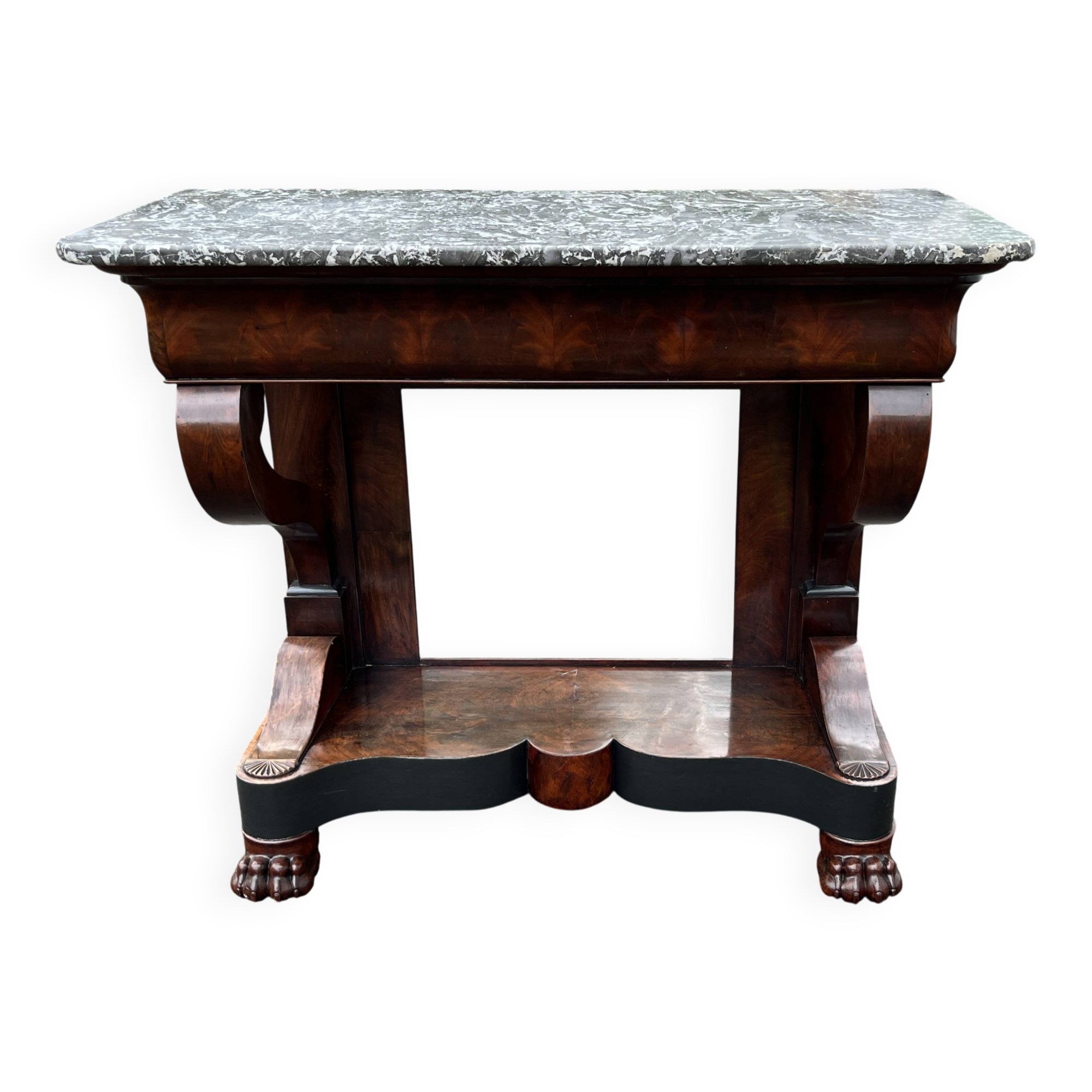 Mahogany console with grey marble top and lion paw feet.