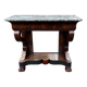 Mahogany console with grey marble top and lion paw feet.