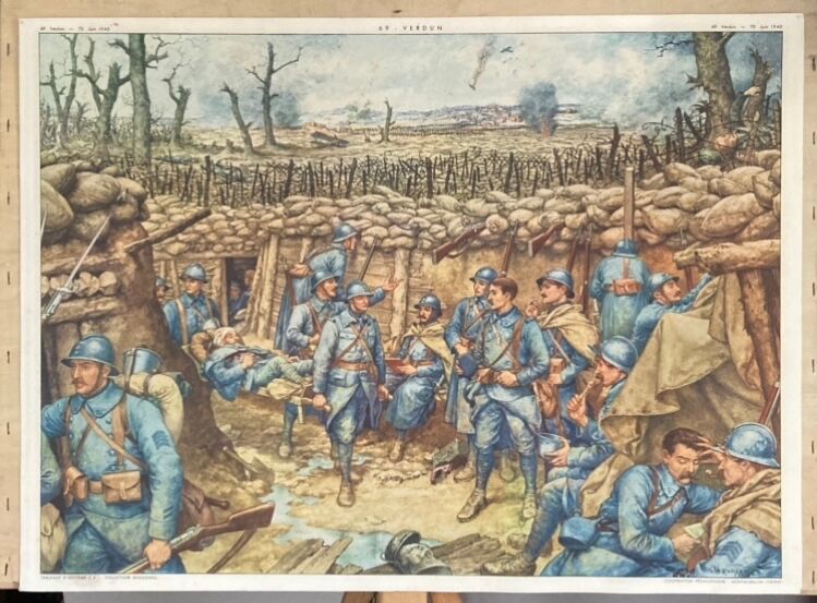 Double-sided school poster signed herouar collection rossignol verdun june 1940