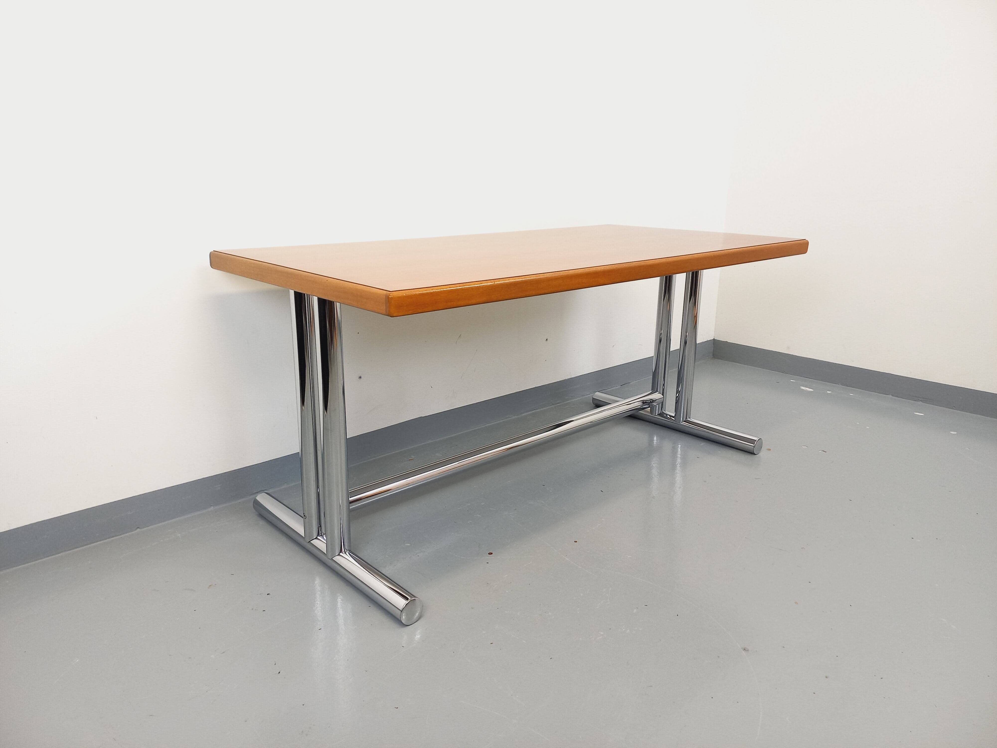 Vintage walnut and chrome metal desk from the 1970s.