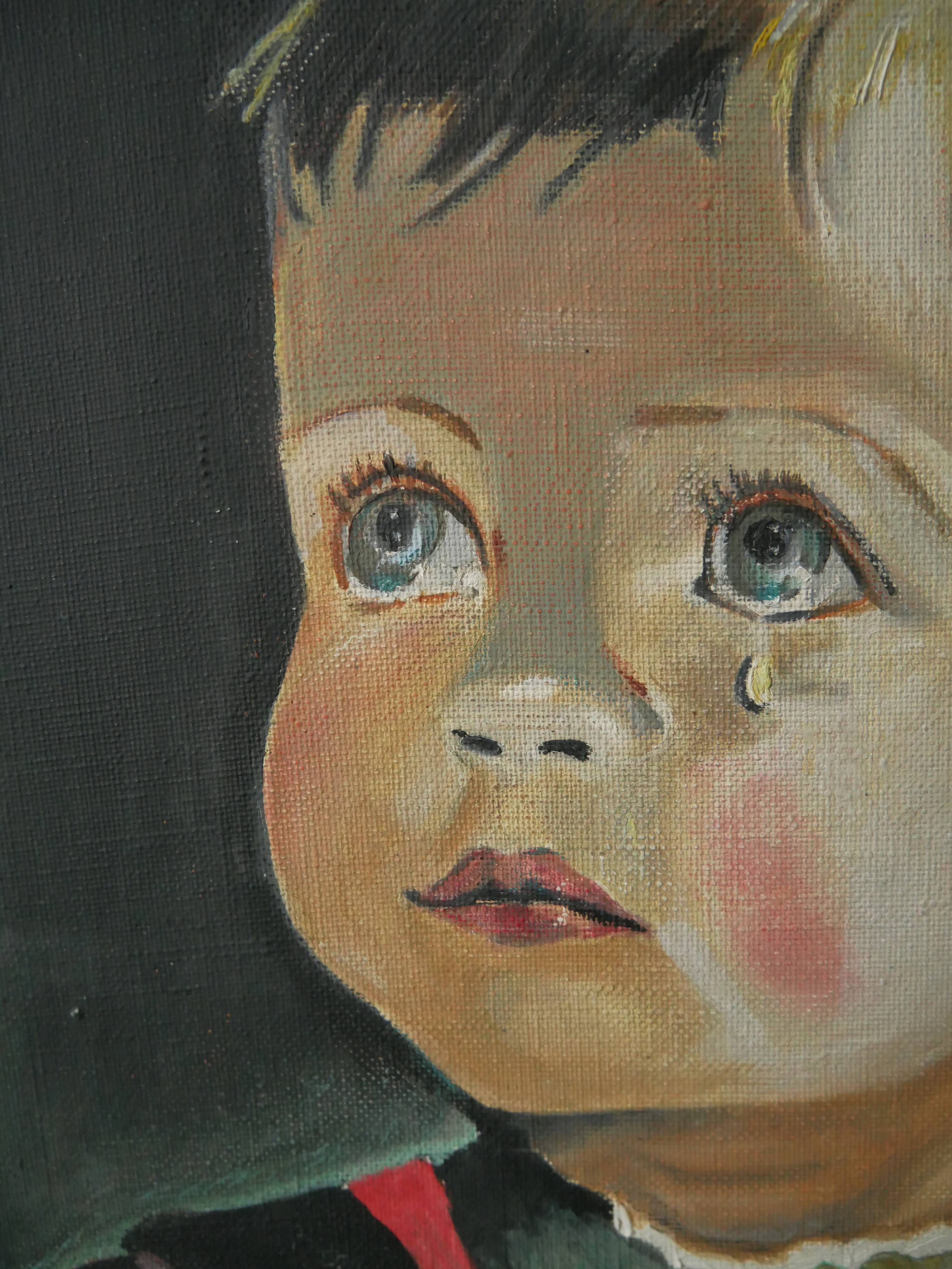 Acrylic painting portrait on canvas child vintage year 75 signed