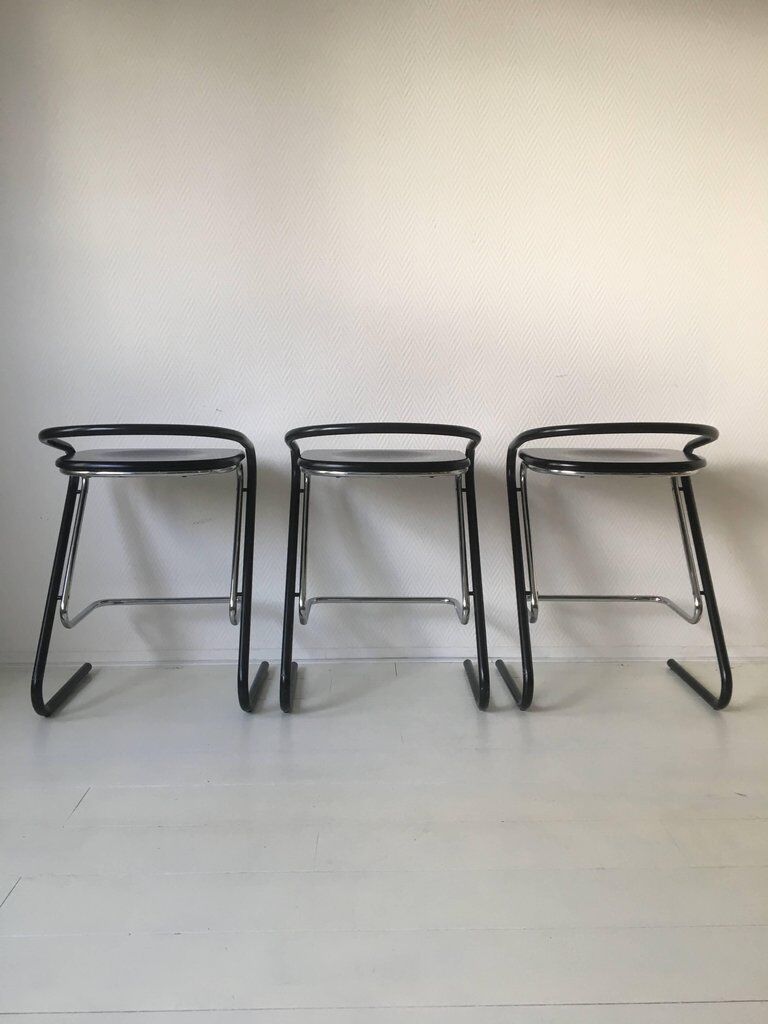 Set of three bar stools black and chrome of Thema Italy to the 1970s