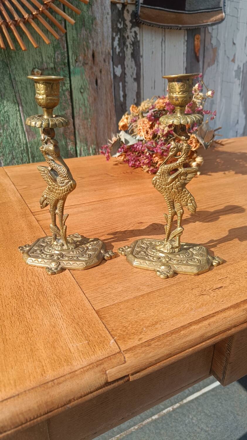 Bronze candlesticks, heron, Orientalist Art Deco