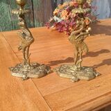 Bronze candlesticks, heron, Orientalist Art Deco