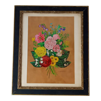 Vintage bouquet painting in gouache