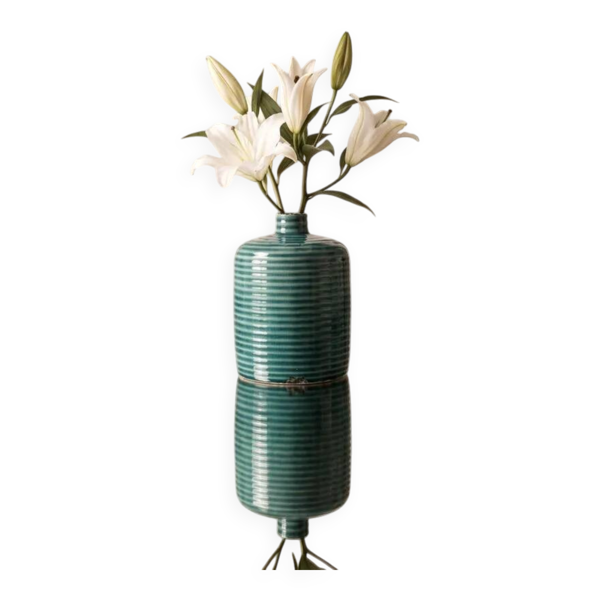 Duck blue ribbed glazed ceramic bottle vase – Mid-Century style
