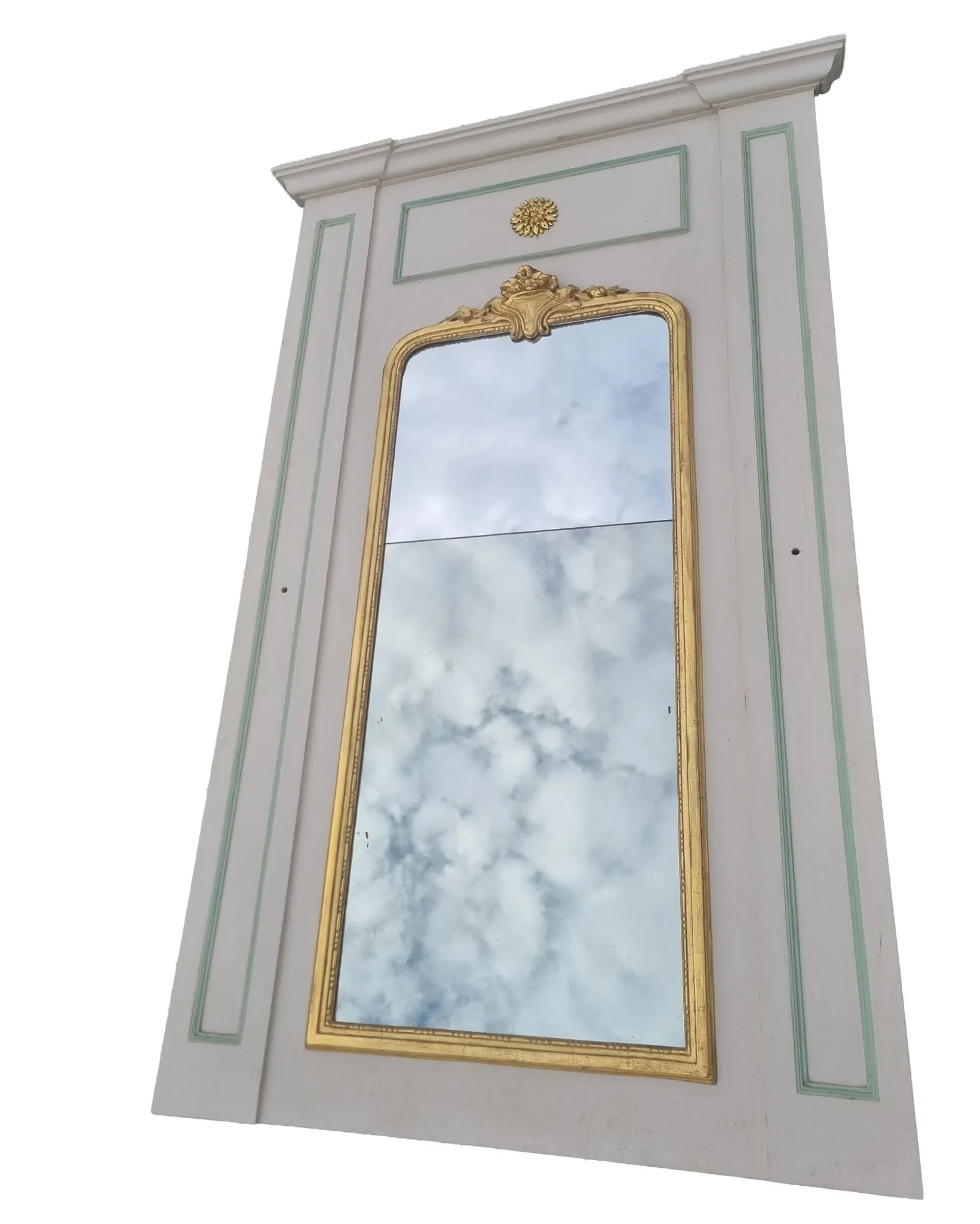Large French mirror in architectural panel with gilt frame