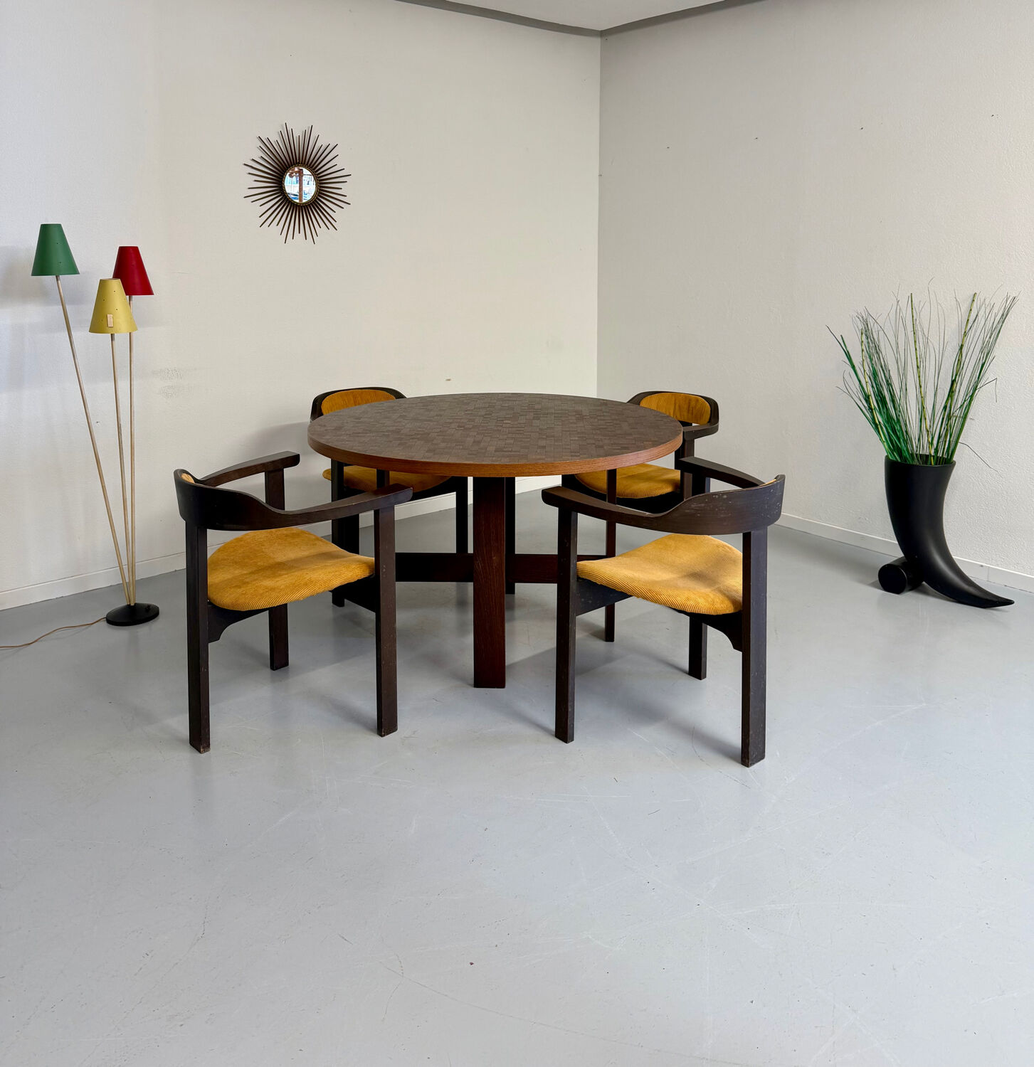 Vintage marquetry wooden table designed by Dieter Waeckerlin for Idealheim an70.