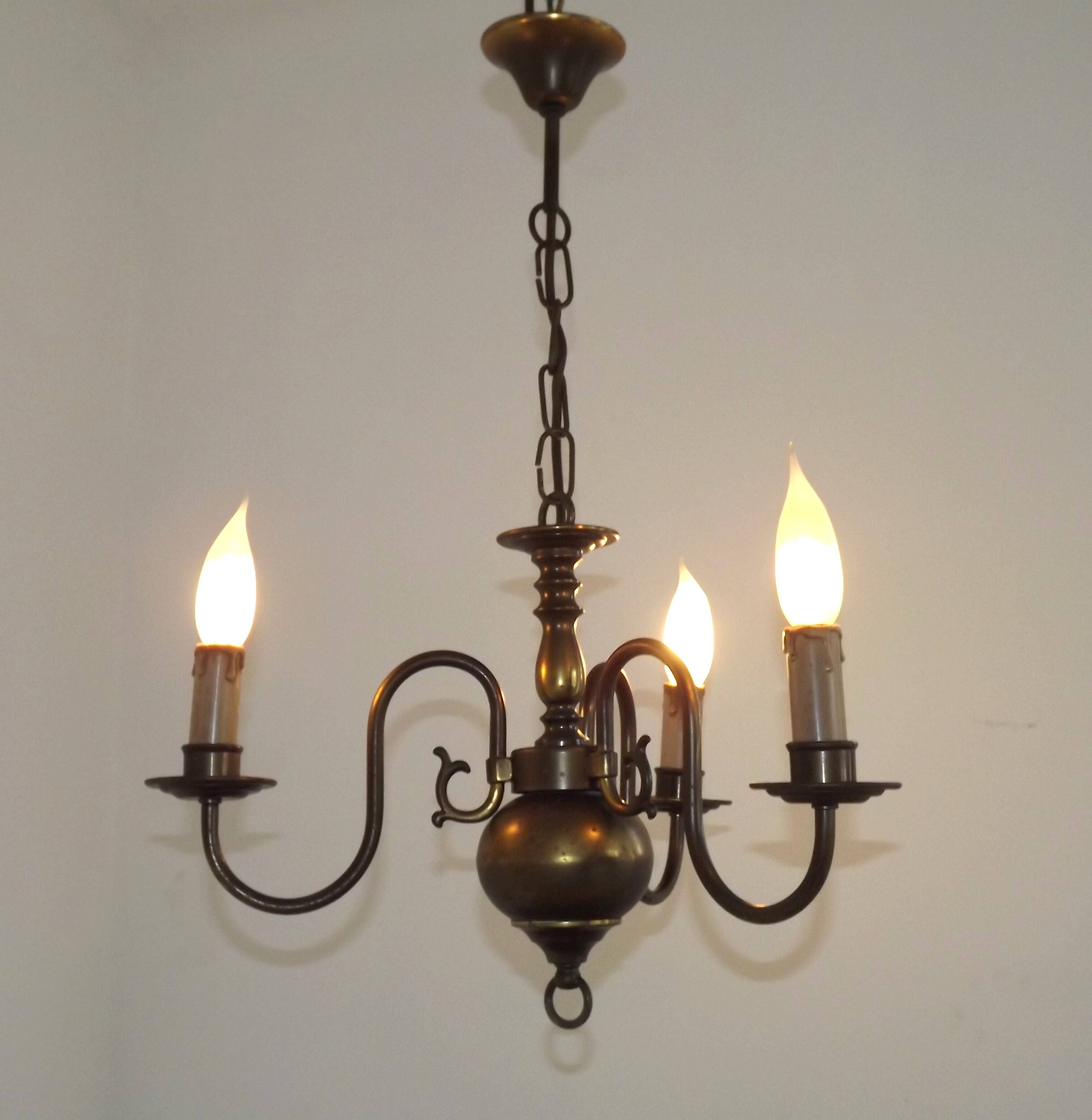 French Vintage Old Aged Bronzed Metal 3 Light Flemish Style Chandelier 4804
