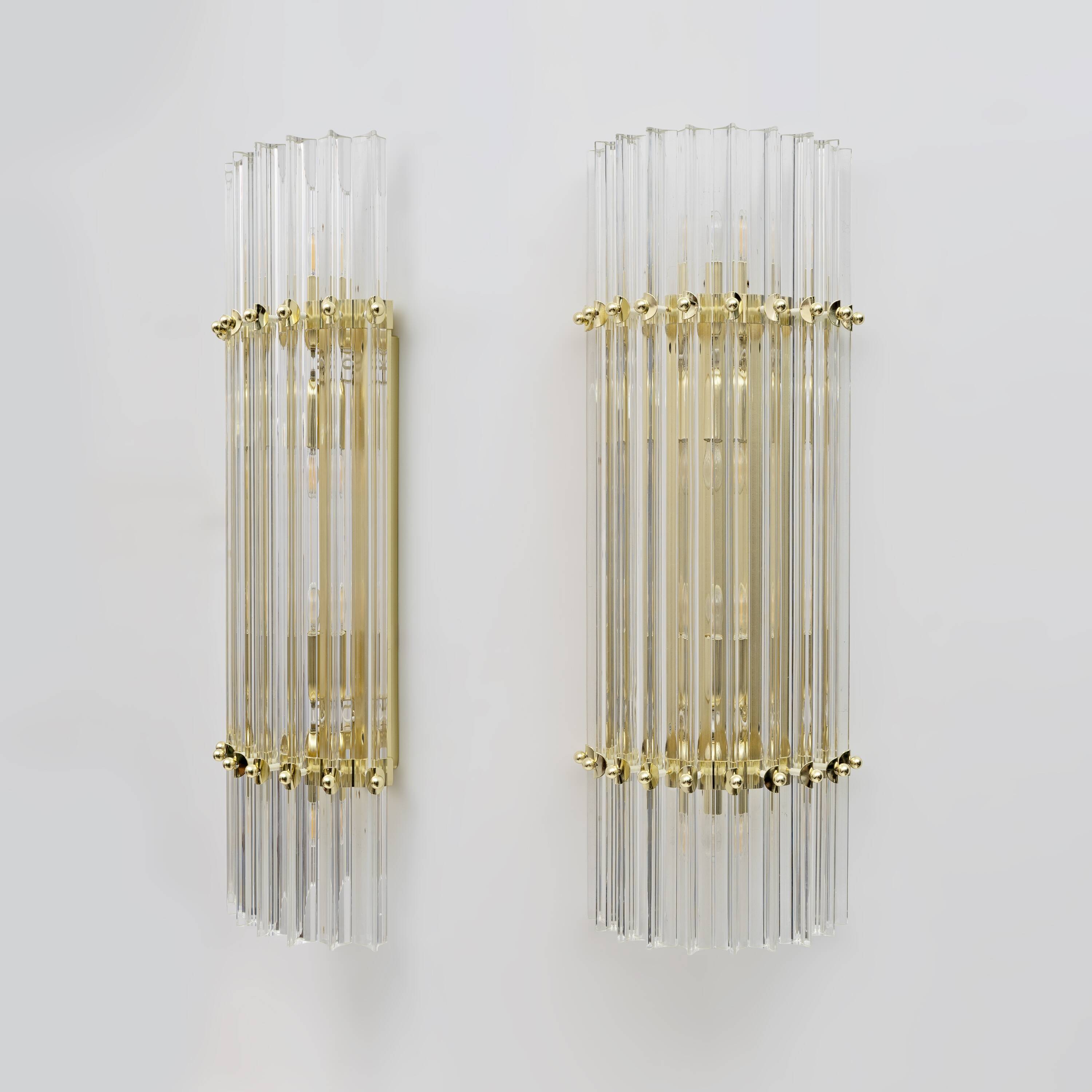 Pair of Venini Style Mid-Century Brass and Murano Glass "Triedri" Sconces