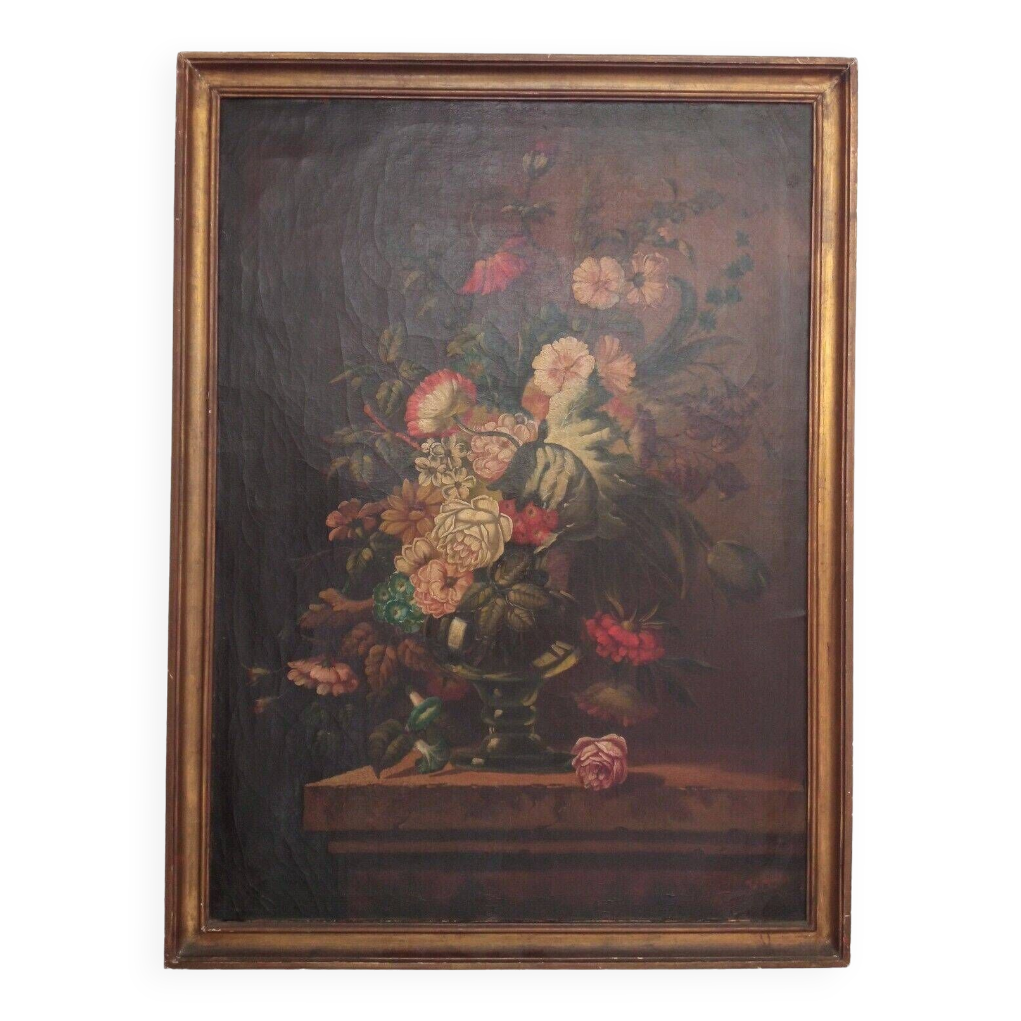 Old painting Bouquet of flowers oil on canvas still life 19th century