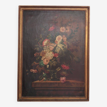 Old painting Bouquet of flowers oil on canvas still life 19th century