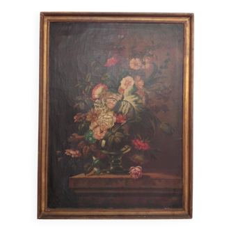 Old painting Bouquet of flowers oil on canvas still life 19th century