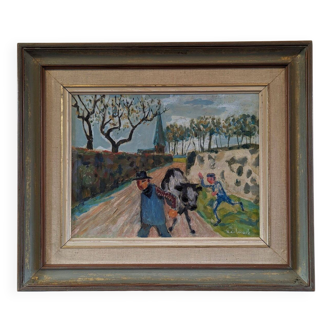 Mid-Century Modern "Cowherd" Swedish Narrative Oil Painting, Framed