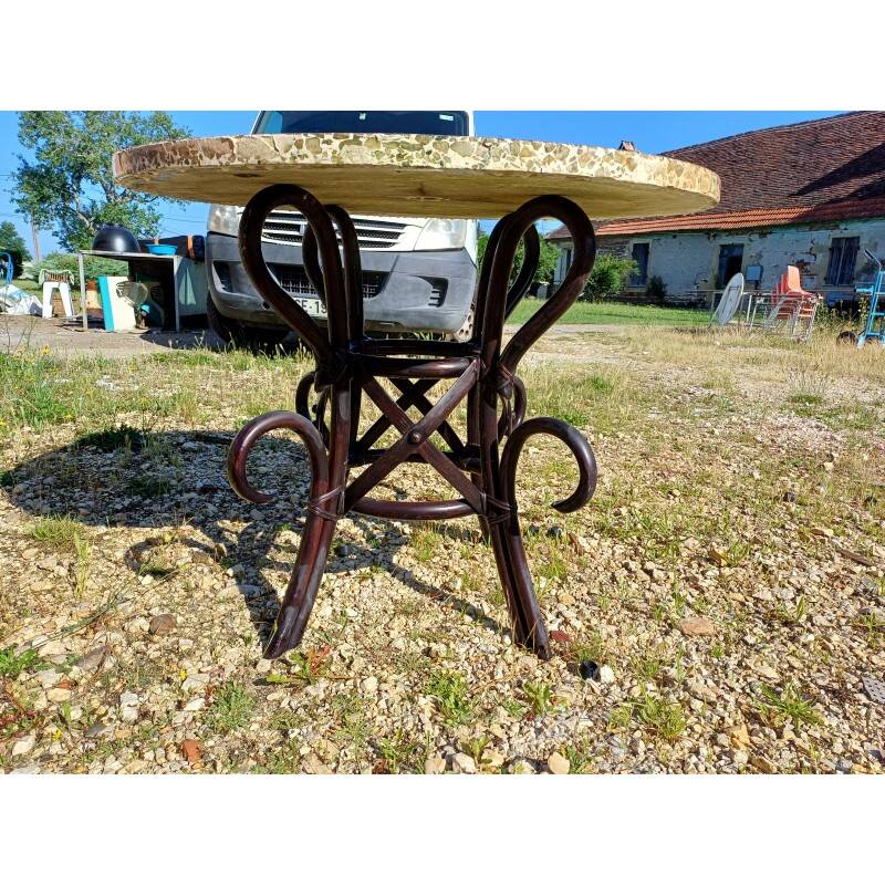 Vintage rattan table with reconstituted cement and stone top