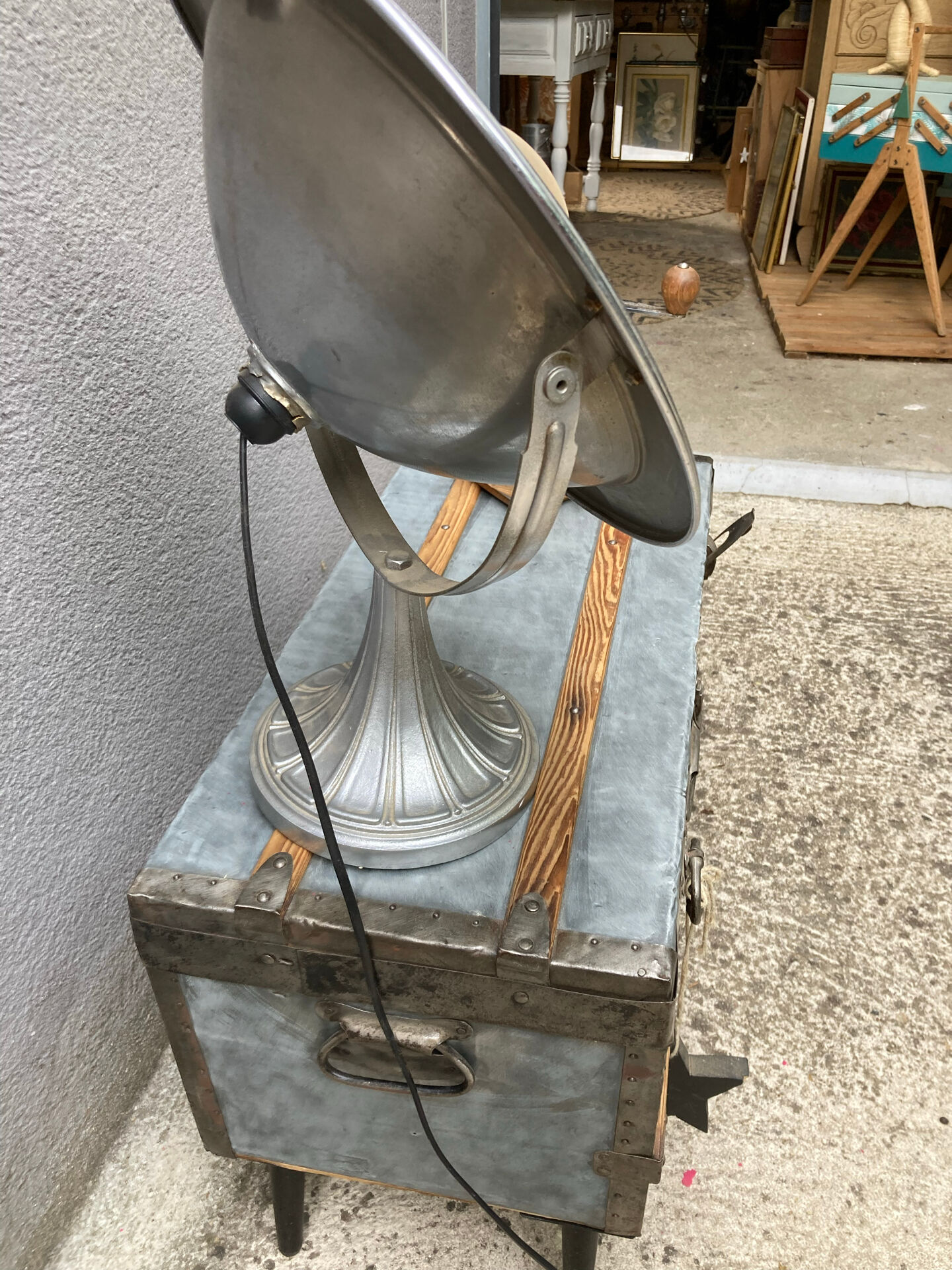 Old zinc trunk with legs, industrial console