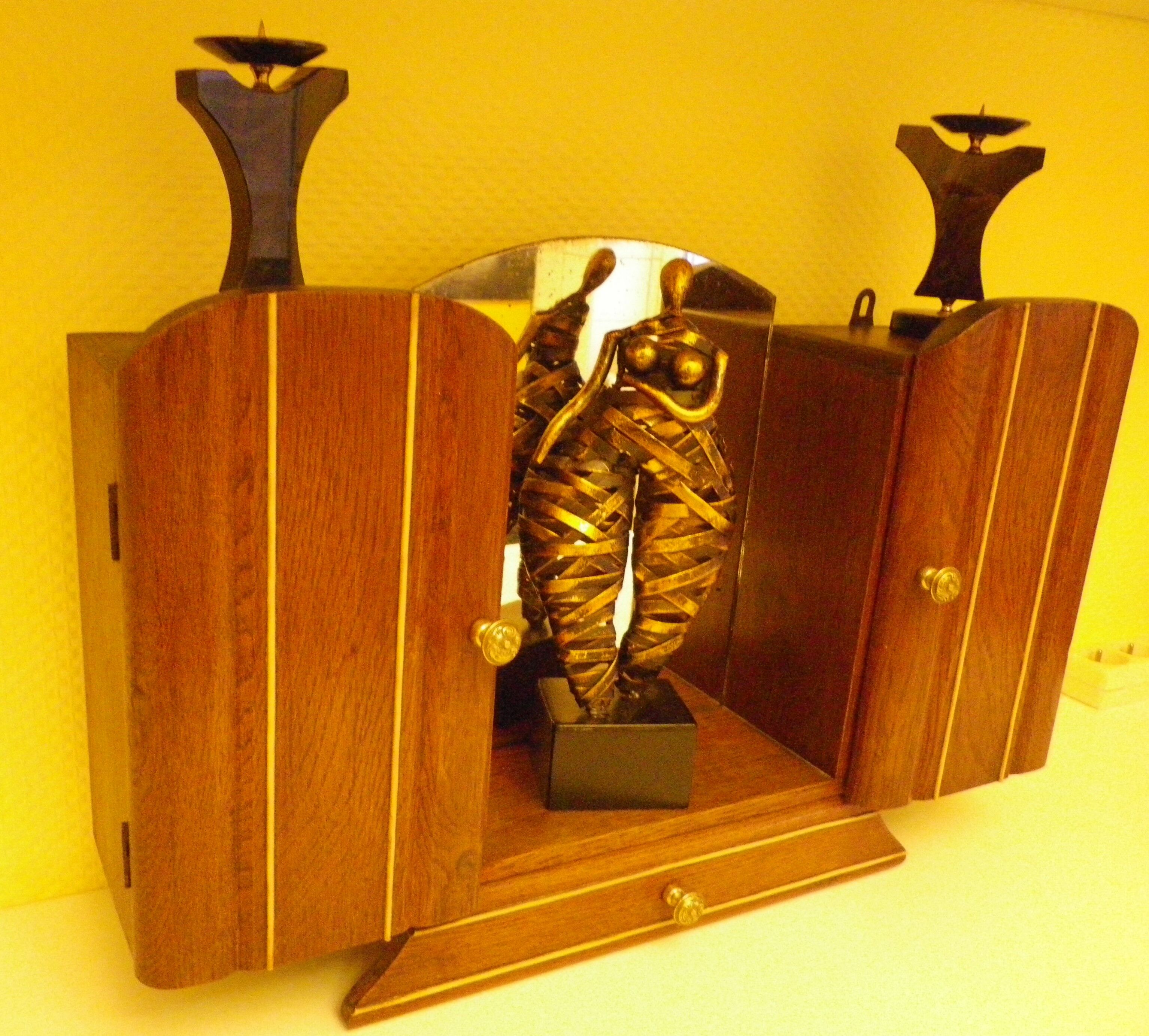 Art Deco extra furniture 1920/1940 to install or fix, wooden, central mirror, 2 doors, 1 drawer