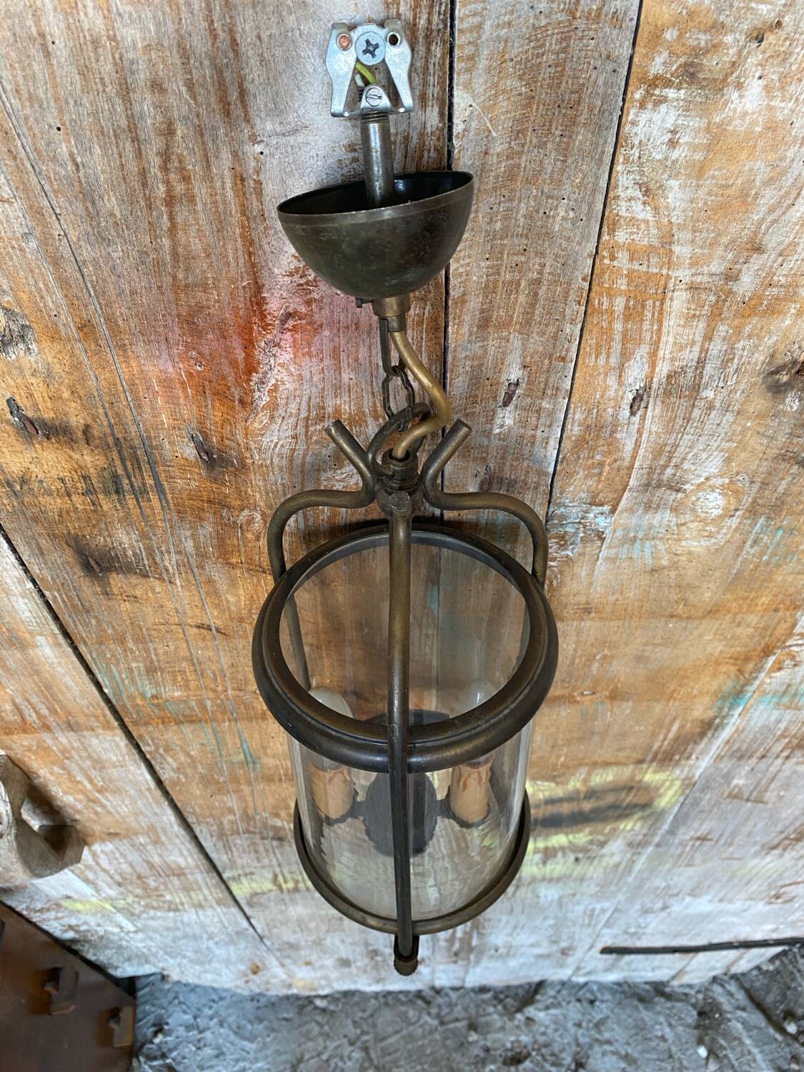 Antique brass lantern pendant light 2 lights + vintage glass cylinder