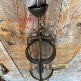 Ancienne suspension lanterne laiton 2 lumières + cylindre verre vintage