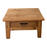 Table basse carrée de ferme ancienne en bois massif brut, 1 tiroir