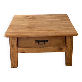 Table basse carrée de ferme ancienne en bois massif brut, 1 tiroir