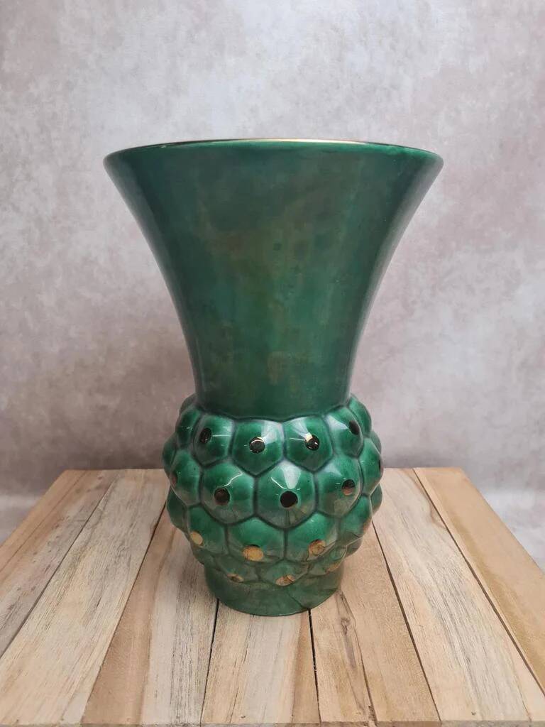 Large Saint-Clément vase model Ananas green – design by Blanche Letalle – vintage piece