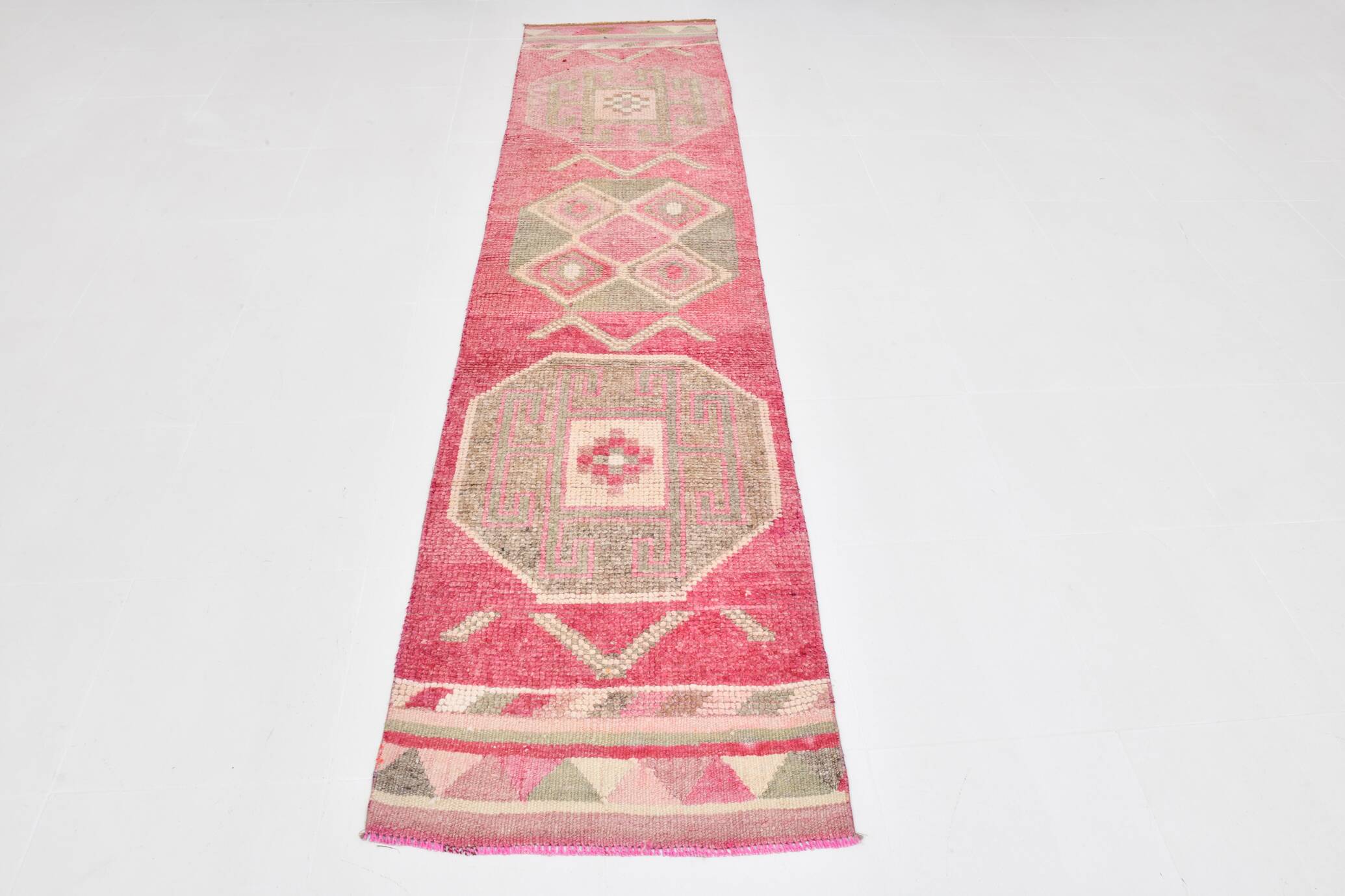 2x10 Pink & Green Tribal Vintage Runner Rug, 70x309Cm