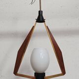 Teak, brass and opaline pendant light, Italy 1960