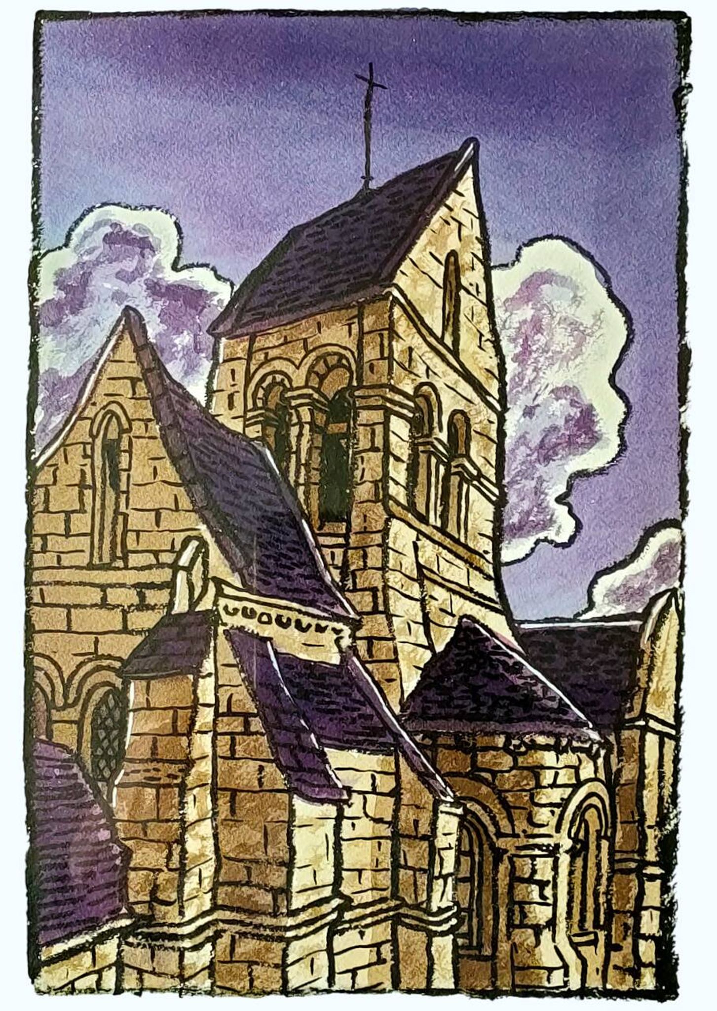 Anonymous painting – Watercolor – View of an old church in the Meuse