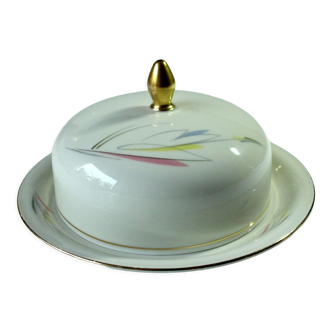 1950s porcelain butter dish in white with graphic decor, marked, vintage