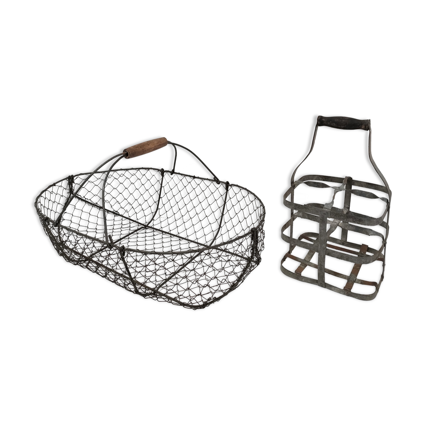 Two baskets metal and patinated wood early twentieth century
