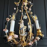 Napoleon III period cage chandelier in bronze and porcelain