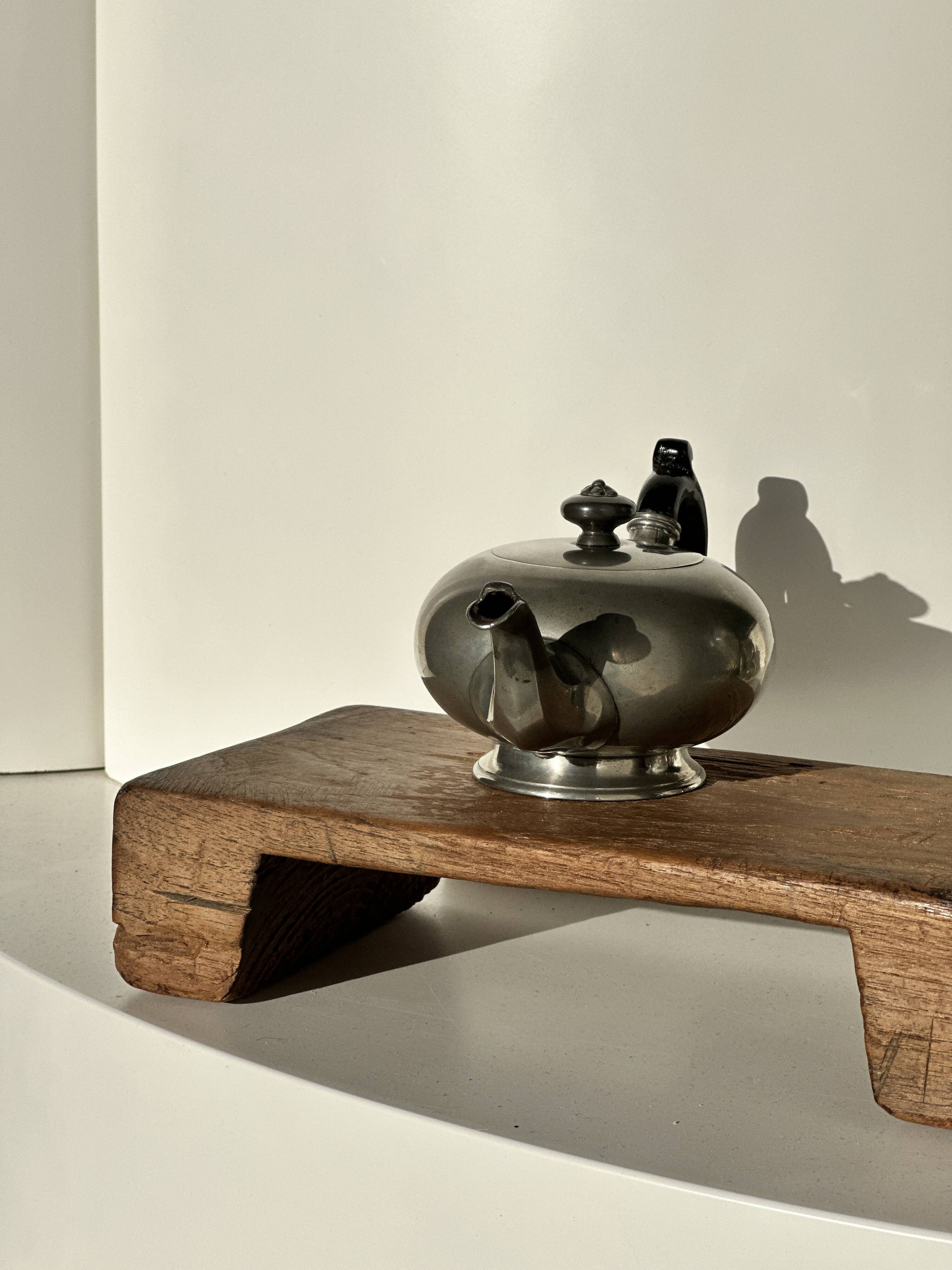 Small teapot, pewter coffee pot flattened oval shape