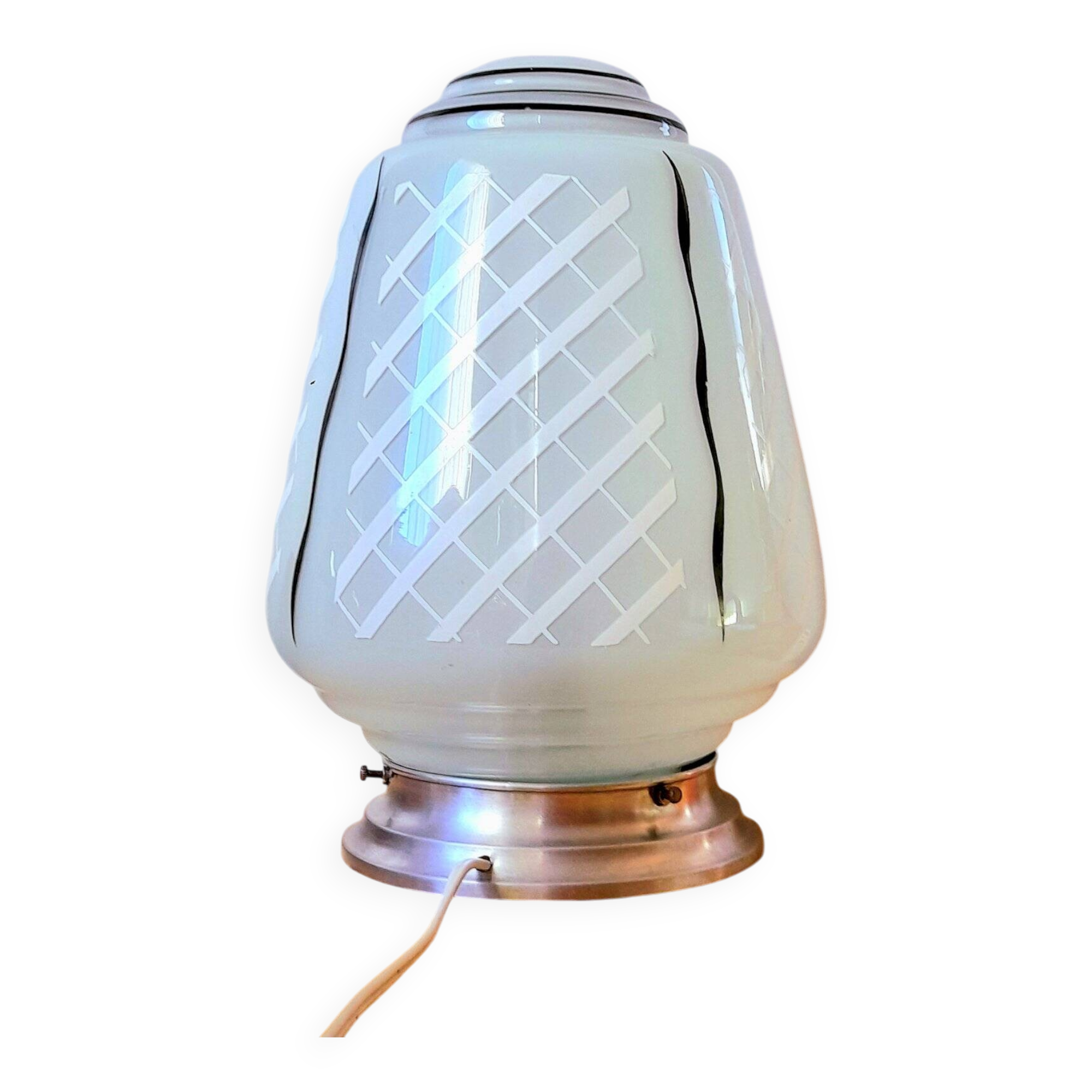 Green geometric Art Deco screen-printed opaline lamp