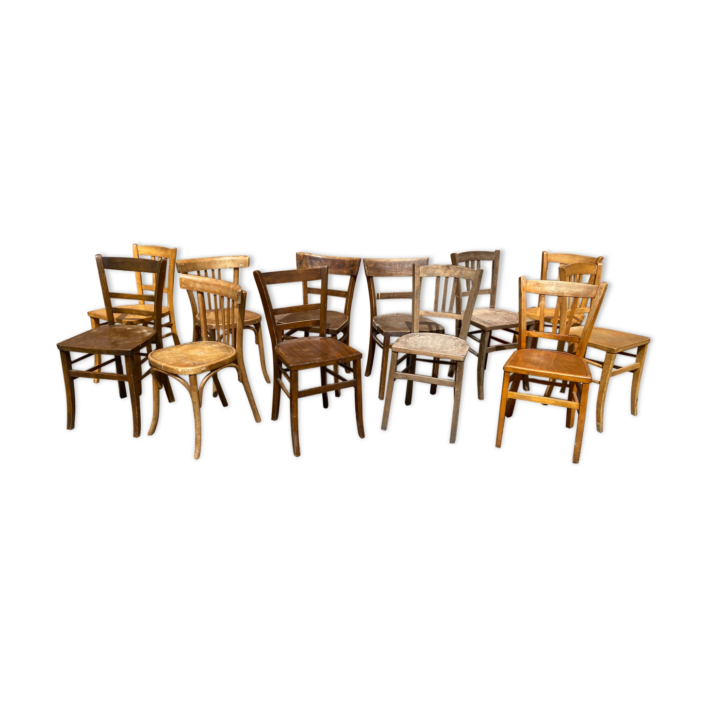 Lot of 15 bistro chairs vintage wood café mismatched