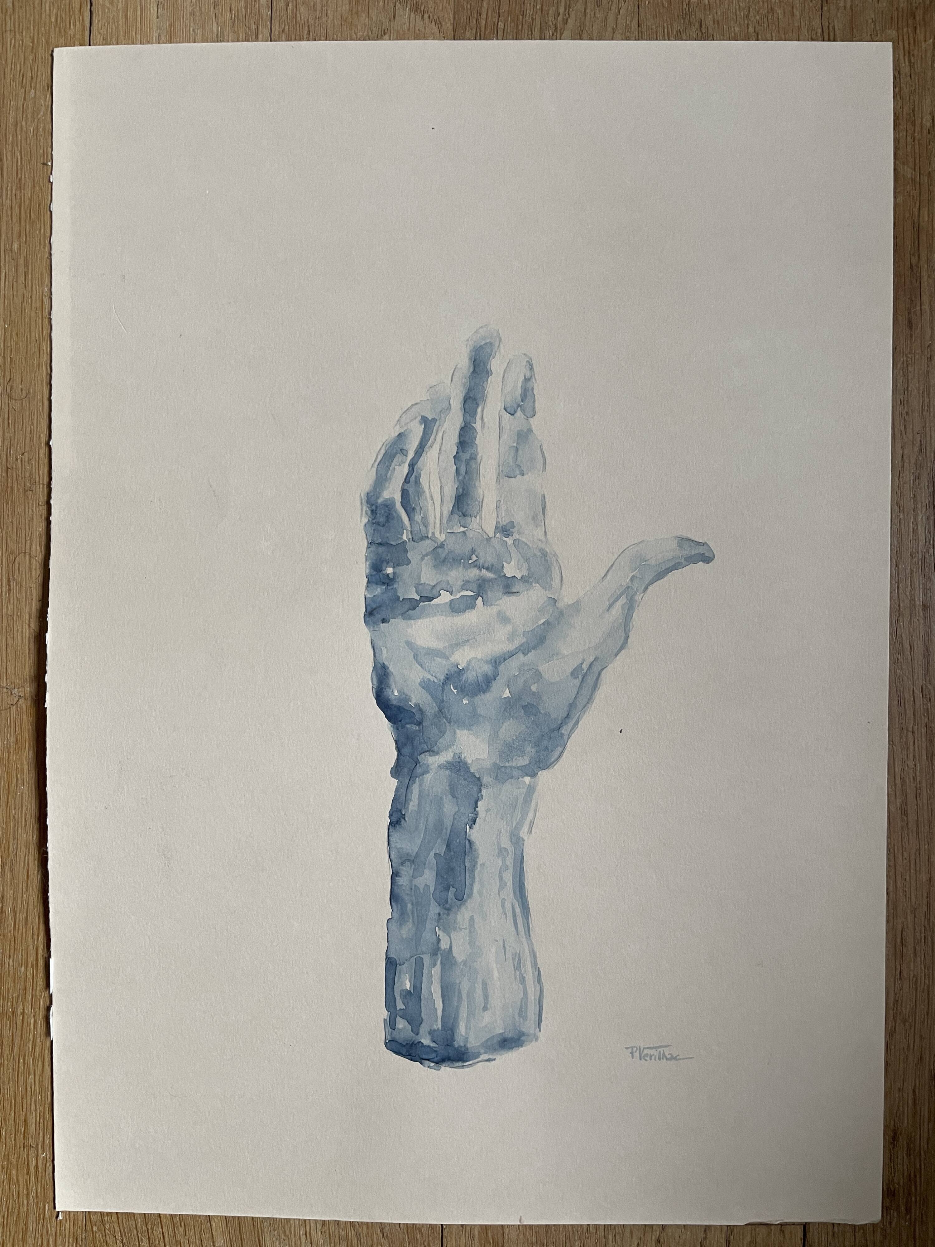 Painting signed blue monochrome watercolor study of the statue of Rodin “the hand reveals the man”