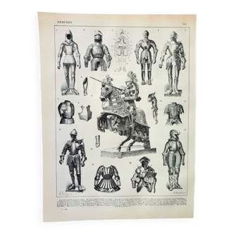 Gravure ancienne 1898, Armures médiévales, chevalier • Lithographie, Planche originale
